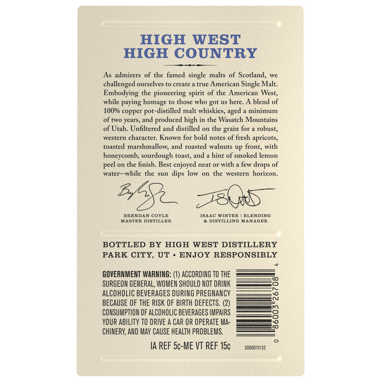 High West American Single Malt Whiskey High Country Limited Release 88 - 750ML