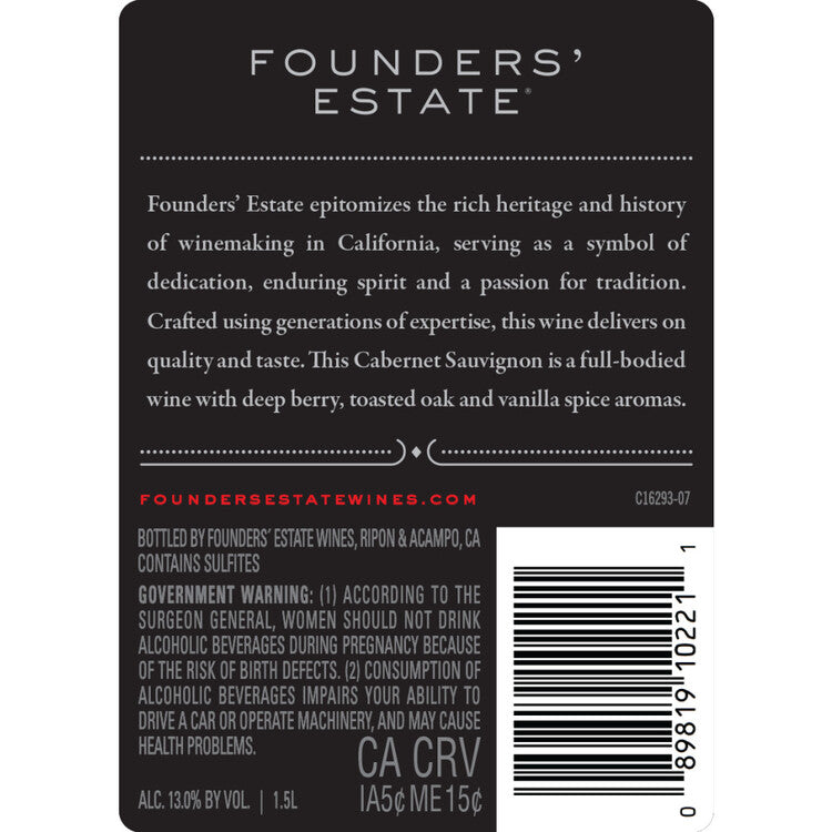 Beringer Founders' Estate Cabernet Sauvignon California - 1.5L - Back Label
