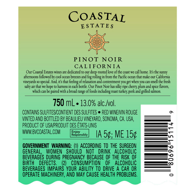 Coastal Estates Pinot Noir California - 750ML - Back Label