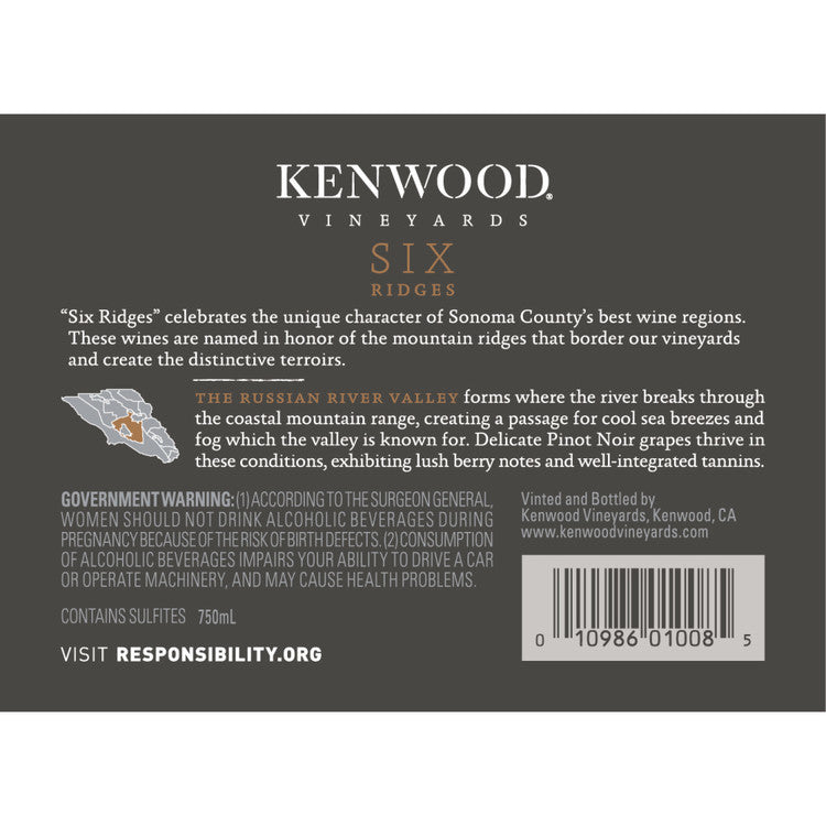 Kenwood Pinot Noir Six Ridges Russian River Valley - 750ML - Back Label