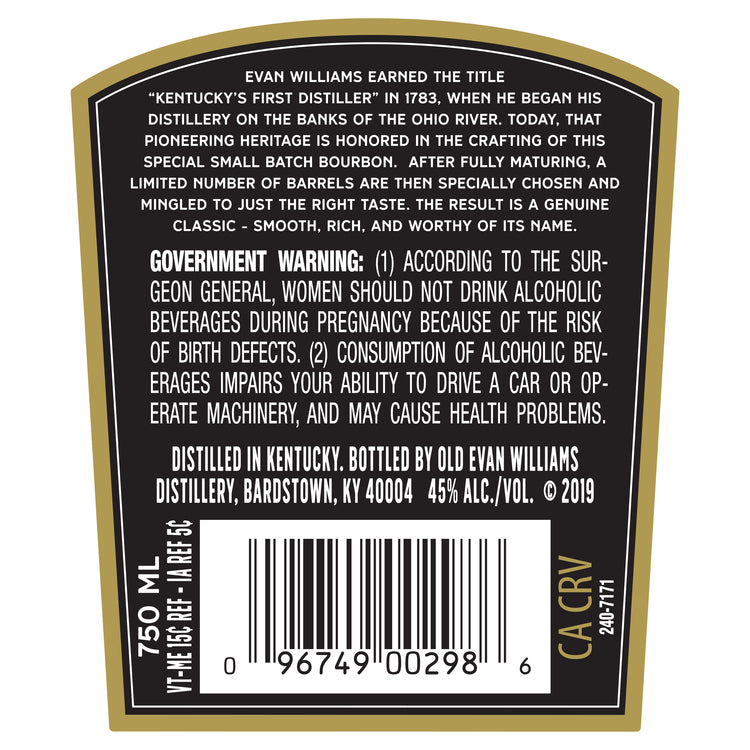Evan Williams Straight Bourbon 1783 Small Batch 90 - 750ML - Back Label