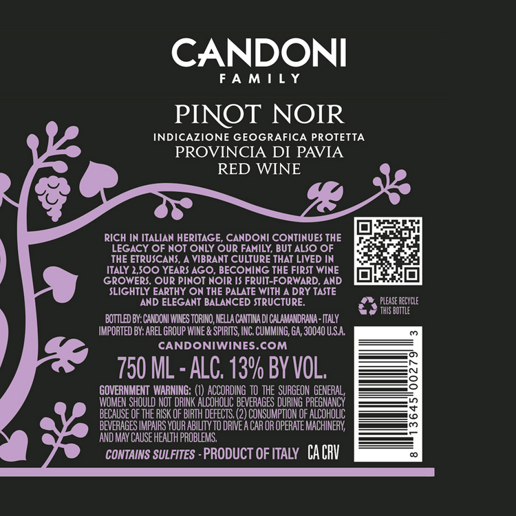 Candoni Pinot Noir Provincia Di Pavia - 750ML - Back Label