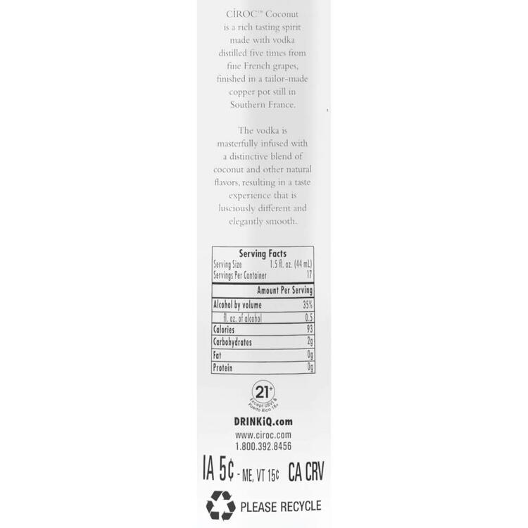 Ciroc Coconut Flavored Vodka 70 - 750ML - Back Label