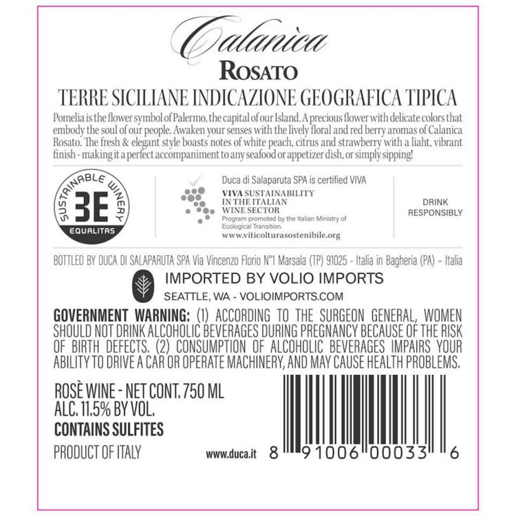 Duca Di Salaparuta Calanica Rosato Terre Siciliane 2022 - 750ML - Back Label