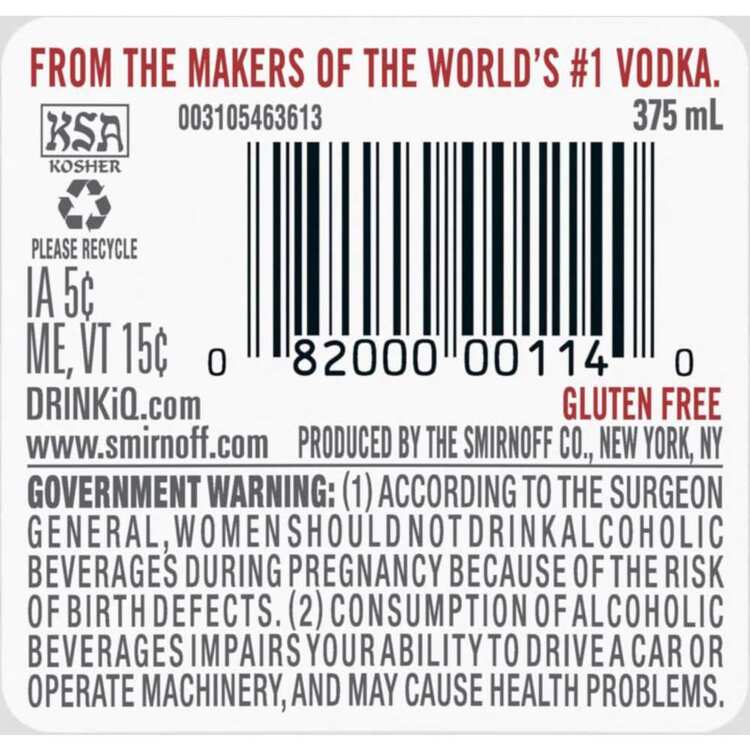 Smirnoff Vodka Raspberry Flavored 60 Flask - 375ML - Back Label