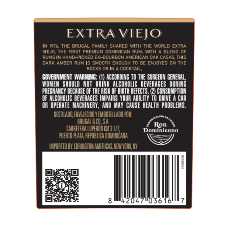 Brugal Aged Rum Extra Viejo 80 - 750ML - Back Label