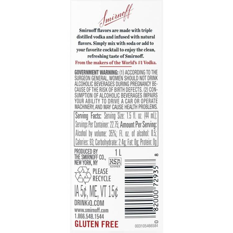Smirnoff Vodka Strawberry Flavored 60 - 1.0L - Back Label
