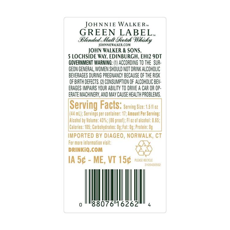 Johnnie Walker Blended Malt Scotch Green Label 15 Yr 86 - 750ML