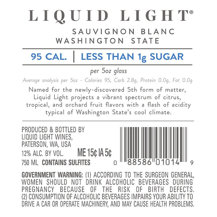 Liquid Light Sauvignon Blanc Washington - 750ML - Back Label