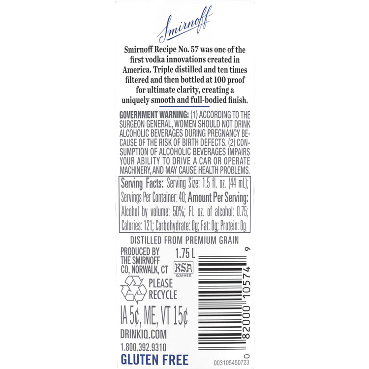 Smirnoff Vodka 100 - 1.75L - Back Label