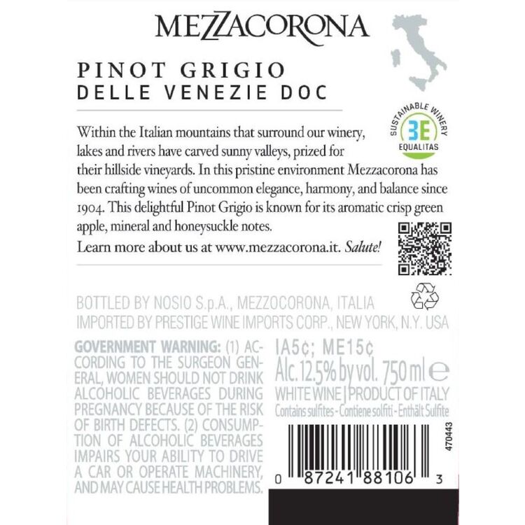 Mezzacorona Pinot Grigio Delle Venezie - 750ML - Back Label