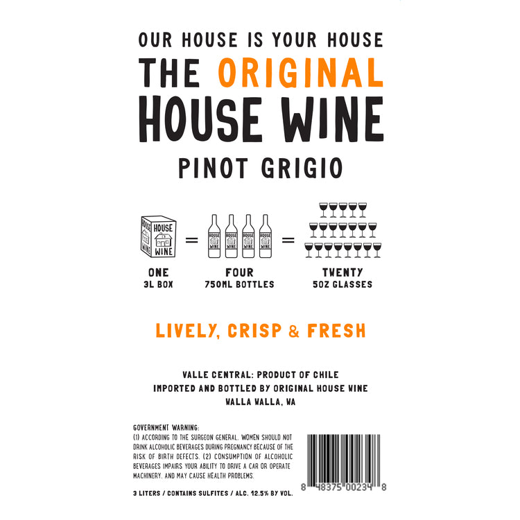 House Wine Pinot Grigio Central Valley - 3.0L - Back Label