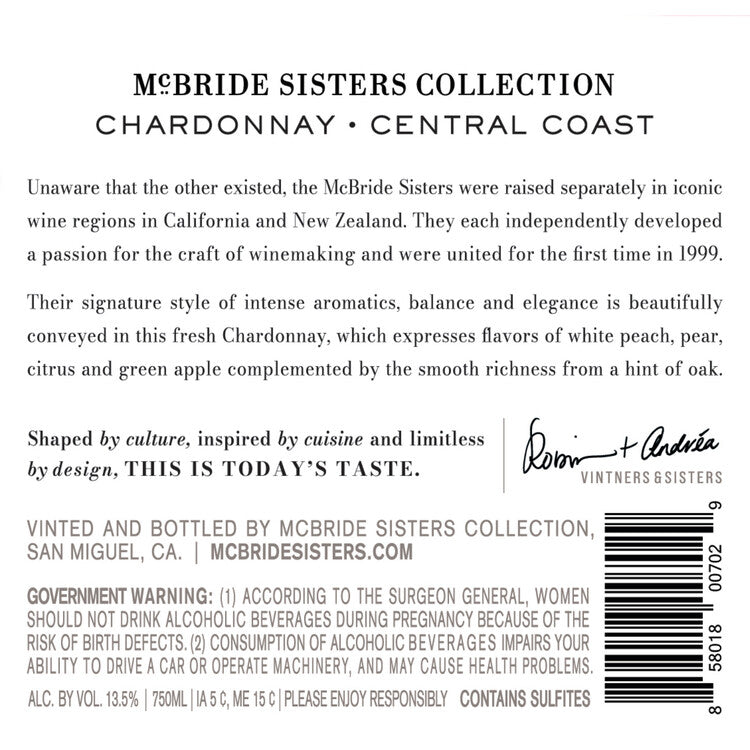 Mcbride Sisters Collection Chardonnay Central Coast 2022 - 750ML