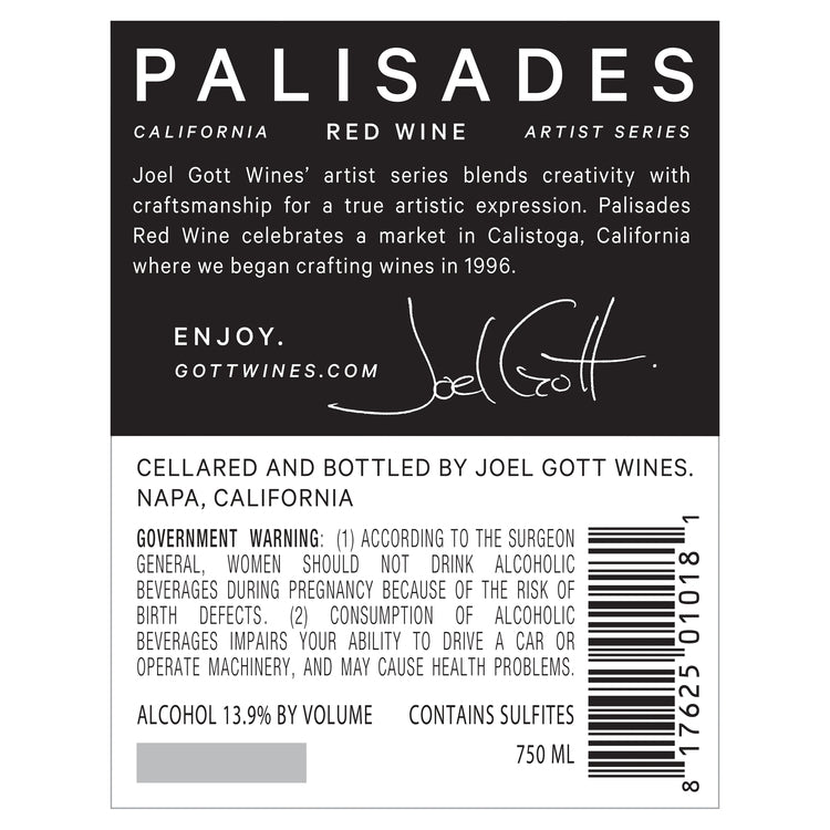 Joel Gott Red Wine Palisades California - 750ML - Back Label