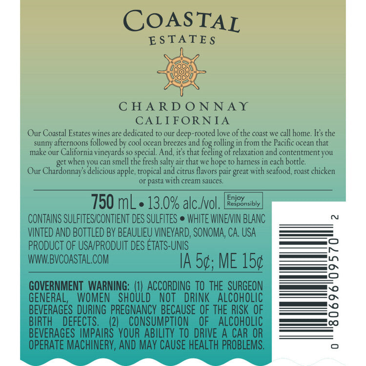 Coastal Estates Chardonnay California - 750ML - Back Label