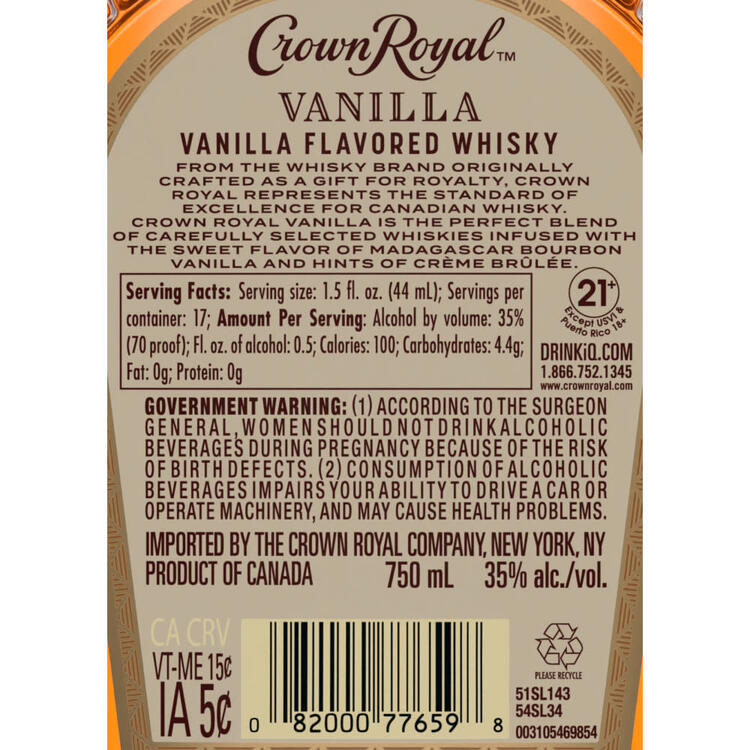 Crown Royal Vanilla Flavored Whiskey 70 - 750ML - Back Label