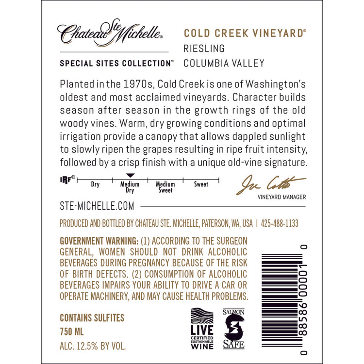 Chateau Ste. Michelle Riesling Cold Creek Vineyard Columbia Valley 202 - 750ML