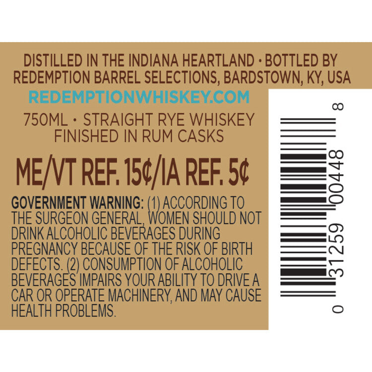 Redemption Straight Rye Whiskey Rum Cask Finish Batch No 1 94 - 750ML