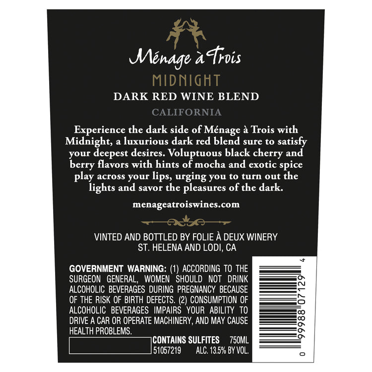 Menage A Trois Dark Red Blend Midnight California - 750ML - Back Label