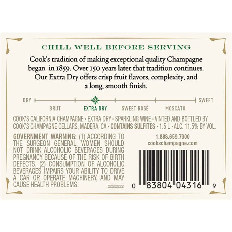 Cook's Extra Dry Champagne California - 1.5L - Back Label