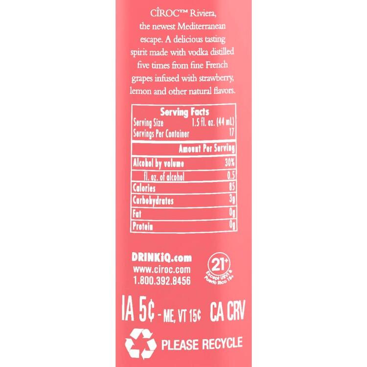 Ciroc Riviera Strawberry Limonade Flavored Vodka 60 - 750ML - Back Label