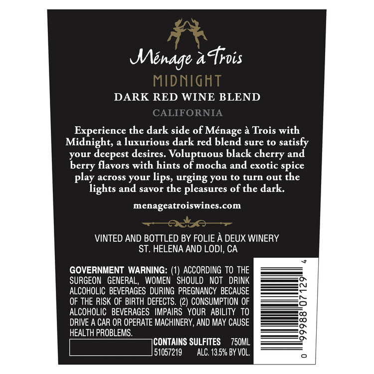 Menage A Trois Dark Red Blend Midnight California - 750ML - Back Label