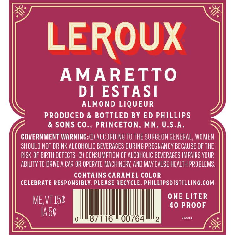 Leroux Amaretto Di Estasti 40 - 1.0L - Back Label