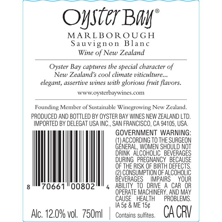 Oyster Bay Sauvignon Blanc Marlborough - 750ML - Back Label