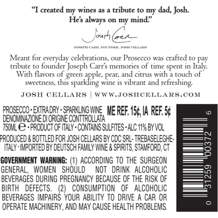 Josh Cellars Prosecco - 750ML - Back Label