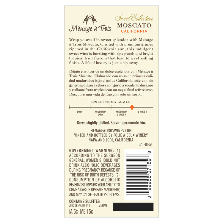 Menage A Trois Moscato Sweet White Blend Sweet Collection California - 750ML