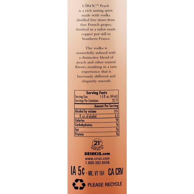 Ciroc Peach Flavored Vodka 70 - 1.0L - Back Label