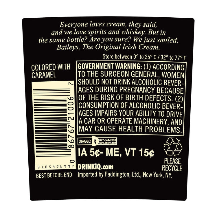 Baileys Irish Cream Liqueur The Original 34 - 750ML - Back Label