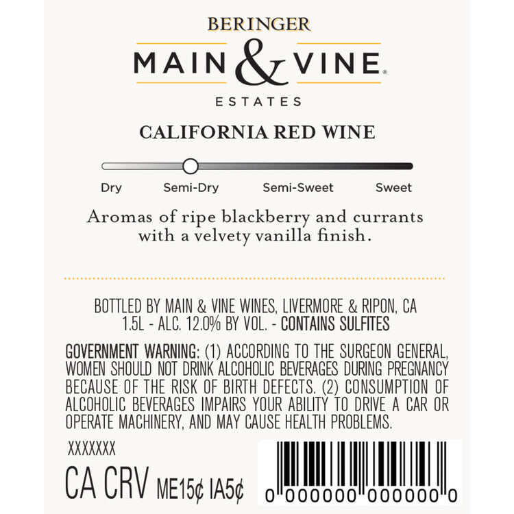 Beringer Main & Vine Red Crush California - 1.5L - Back Label