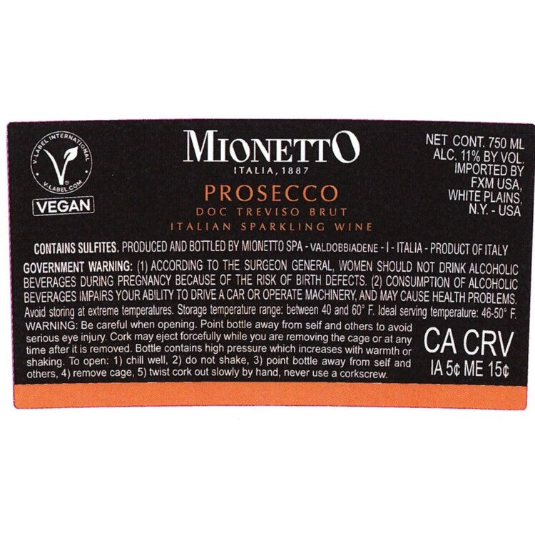Mionetto Prosecco Brut Avantgarde Collection - 750ML - Back Label