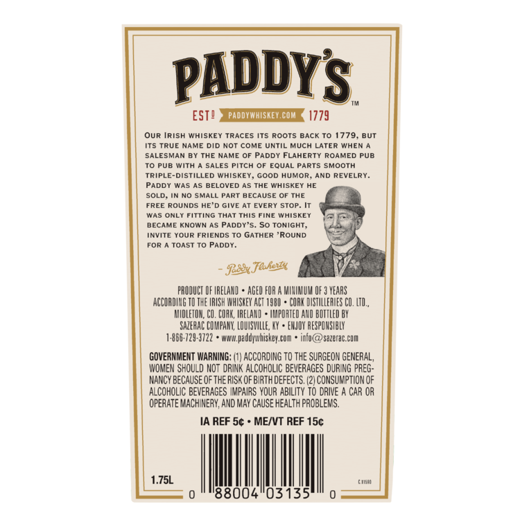 Paddy Blended Irish Whiskey 80 - 1.75L - Back Label