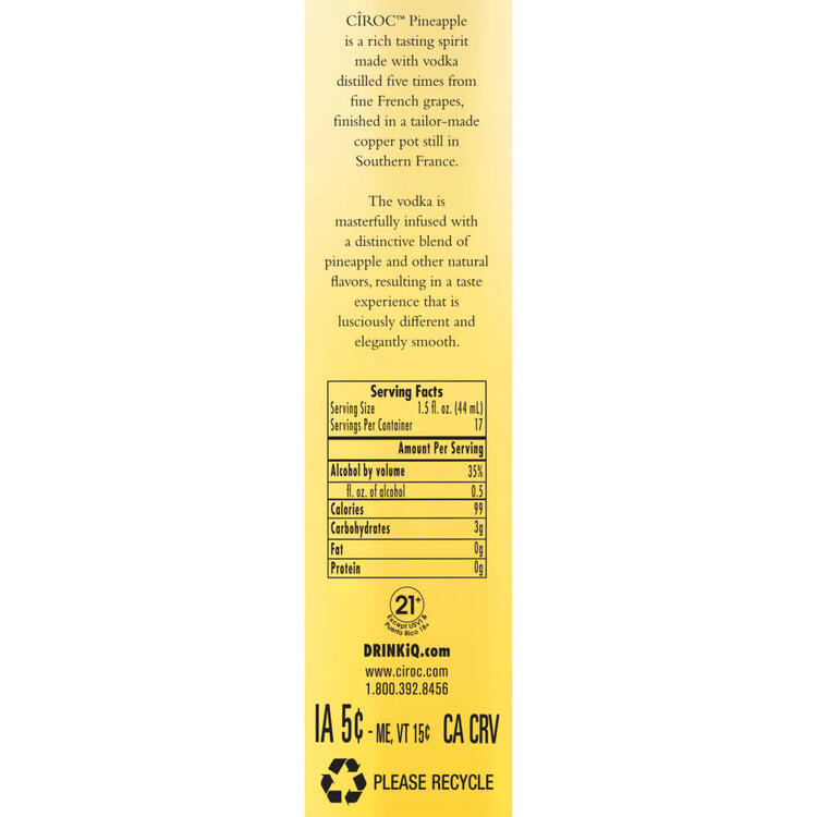 Ciroc Pineapple Flavored Vodka 70 - 750ML - Back Label