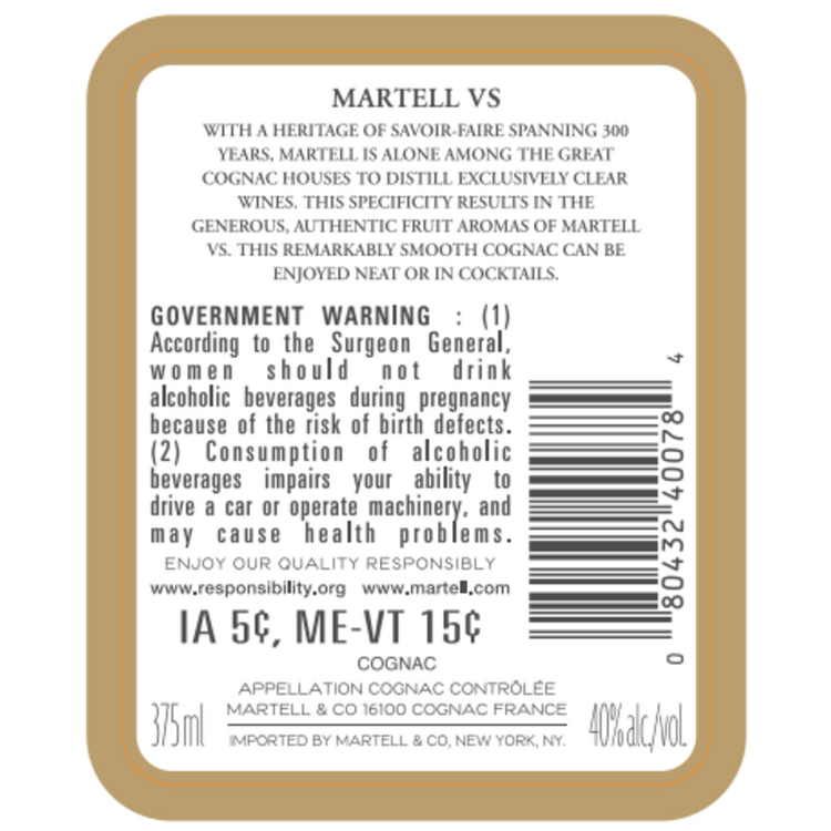 Martell Cognac Vs 80 - 375ML - Back Label