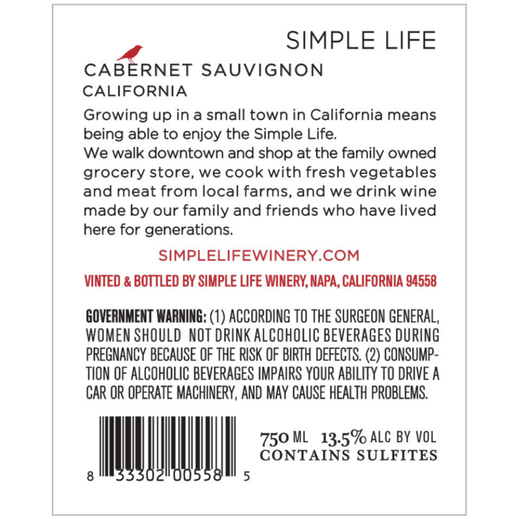 Simple Life Cabernet Sauvignon California - 750ML - Back Label