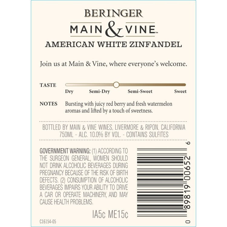 Beringer Main & Vine White Zinfandel California - 750ML - Back Label
