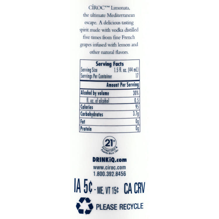 Ciroc Lemon Flavored Vodka Limonata 60 - 750ML - Back Label