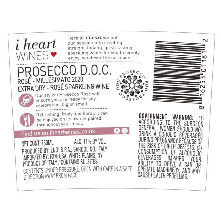 I Heart Wines Prosecco Extra Dry Rose Millesimato 2024 - 750ML - Back Label