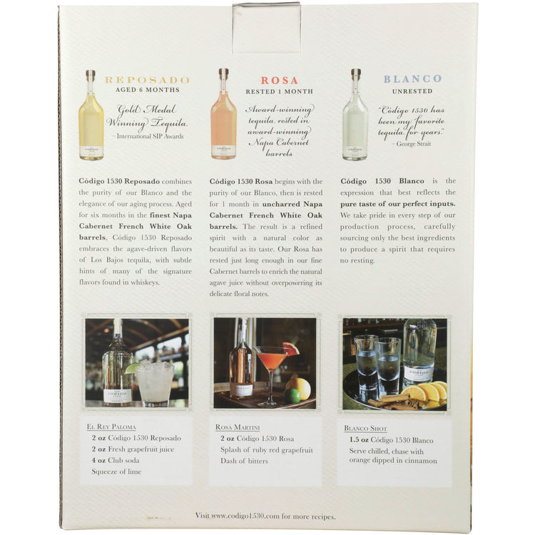 Codigo 1530 Tequila Combo 1 Each Blanco 80, Blanco Rosa 80 & Reposado - 375ML