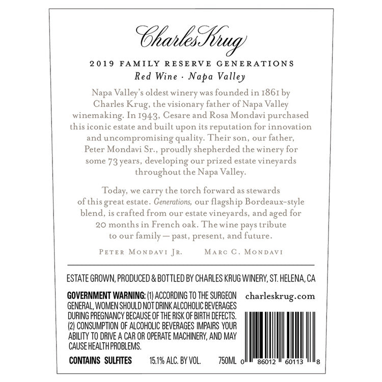 Charles Krug Red Wine Generations Family Reserve Napa Valley 2019 - 750ML