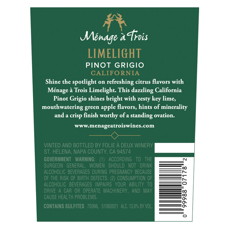 Menage A Trois Pinot Grigio Limelight California - 750ML - Back Label