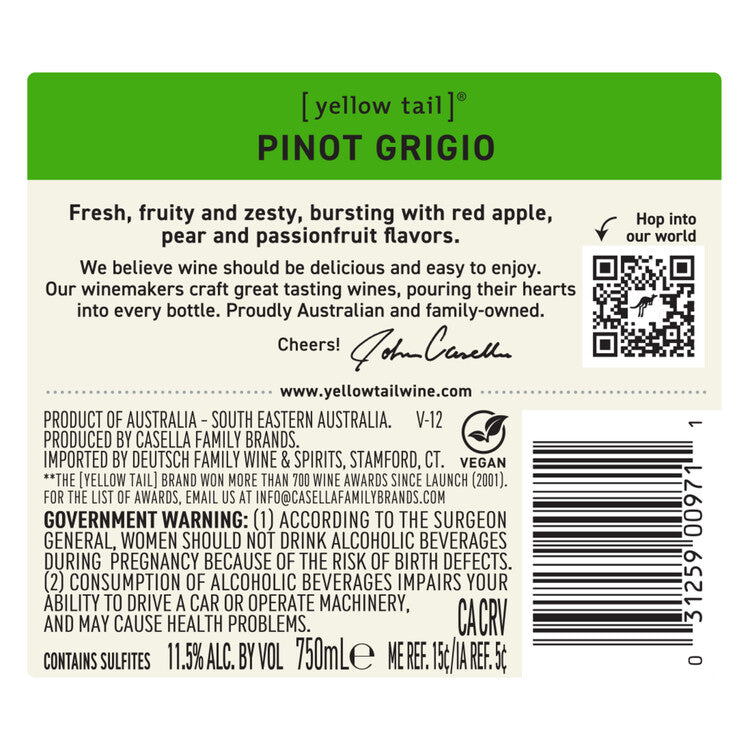 Yellow Tail Pinot Grigio South Eastern Australia - 750ML - Back Label