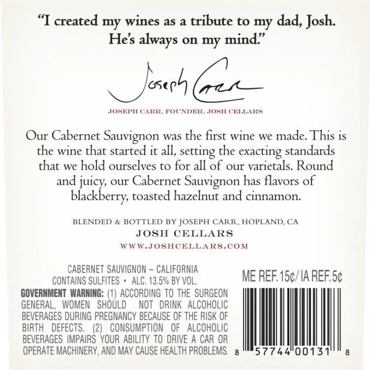 Josh Cellars Cabernet Sauvignon California - 375ML - Back Label