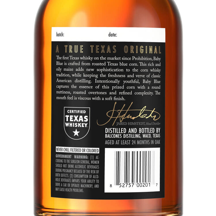 Balcones Corn Whisky Baby Blue 92 - 750ML - Back Label