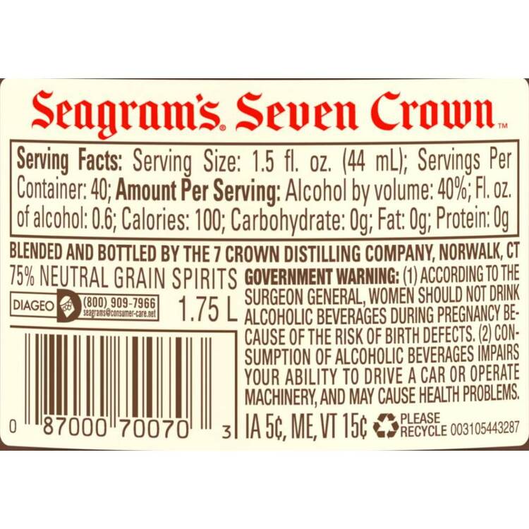 Seagram's Blended American Whiskey 7 Crown 80 - 1.75L - Back Label