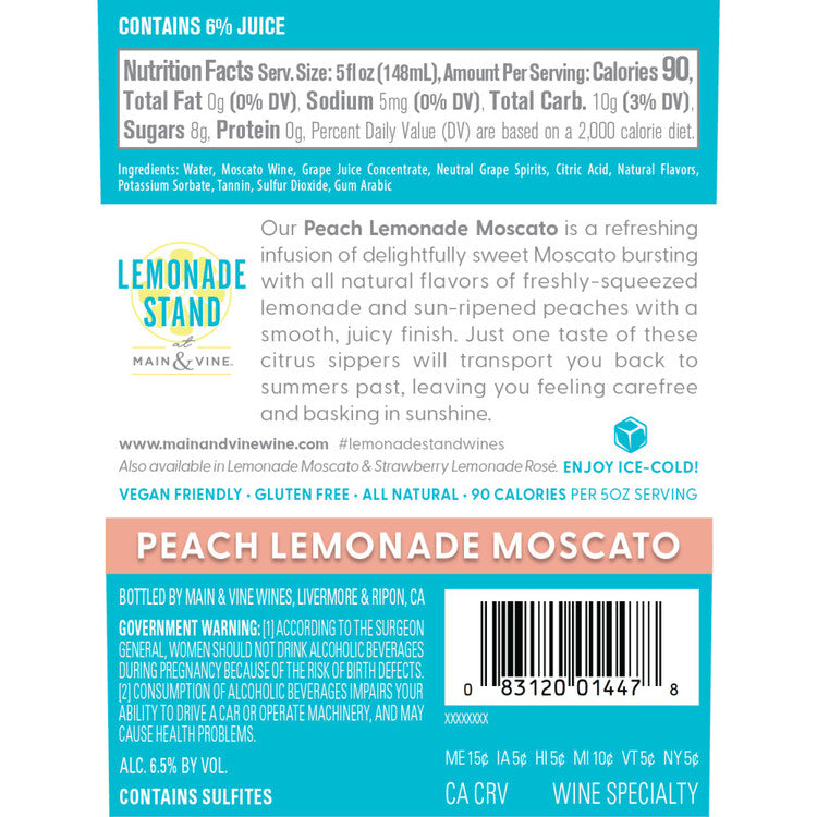 Lemonade Stand Wine Peach Lemonade Moscato - 750ML - Back Label
