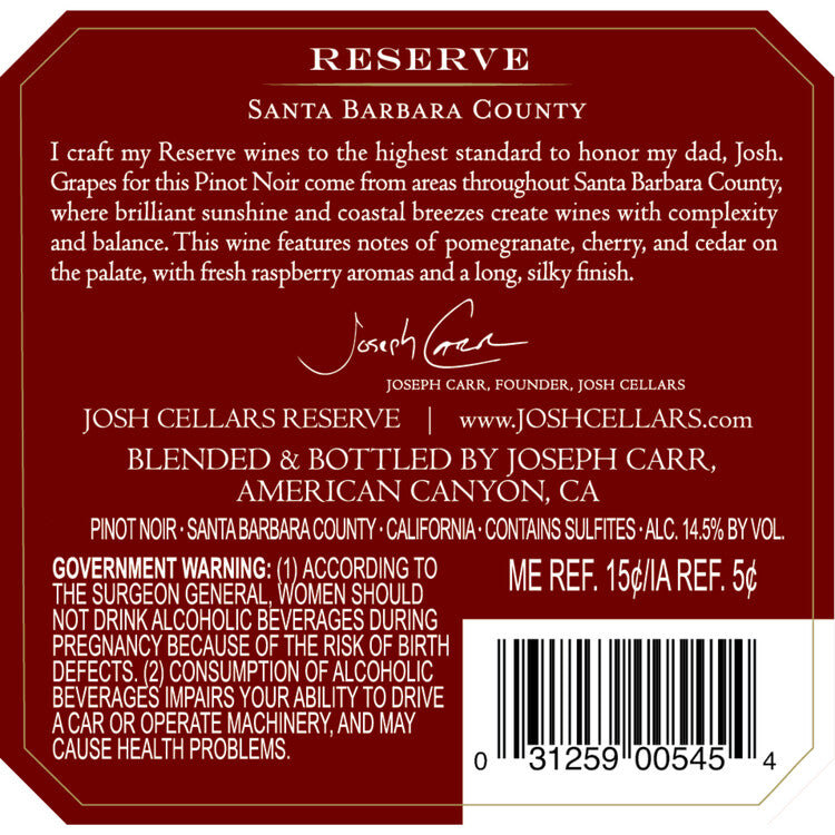 Josh Cellars Pinot Noir Reserve Santa Barbara County - 750ML - Back Label